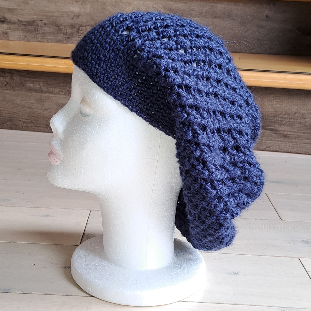 Handmade Crochet Long Beanie/Beret - Navy Blue